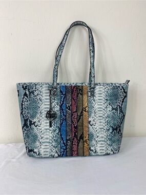 Badgley Mischka Light Blue Python-Print Tote with Multicolor Stripe Detail